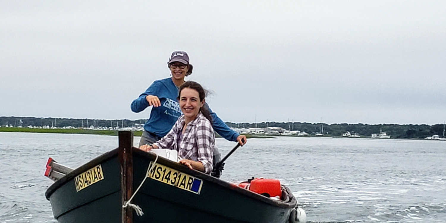 Mass Audubon field technician, Katelyn Depot (left) and Mass Audubon program manager, Gina Purtell, up the West branch of the Westport River to look for a nest that Miss Depot hand picked. 