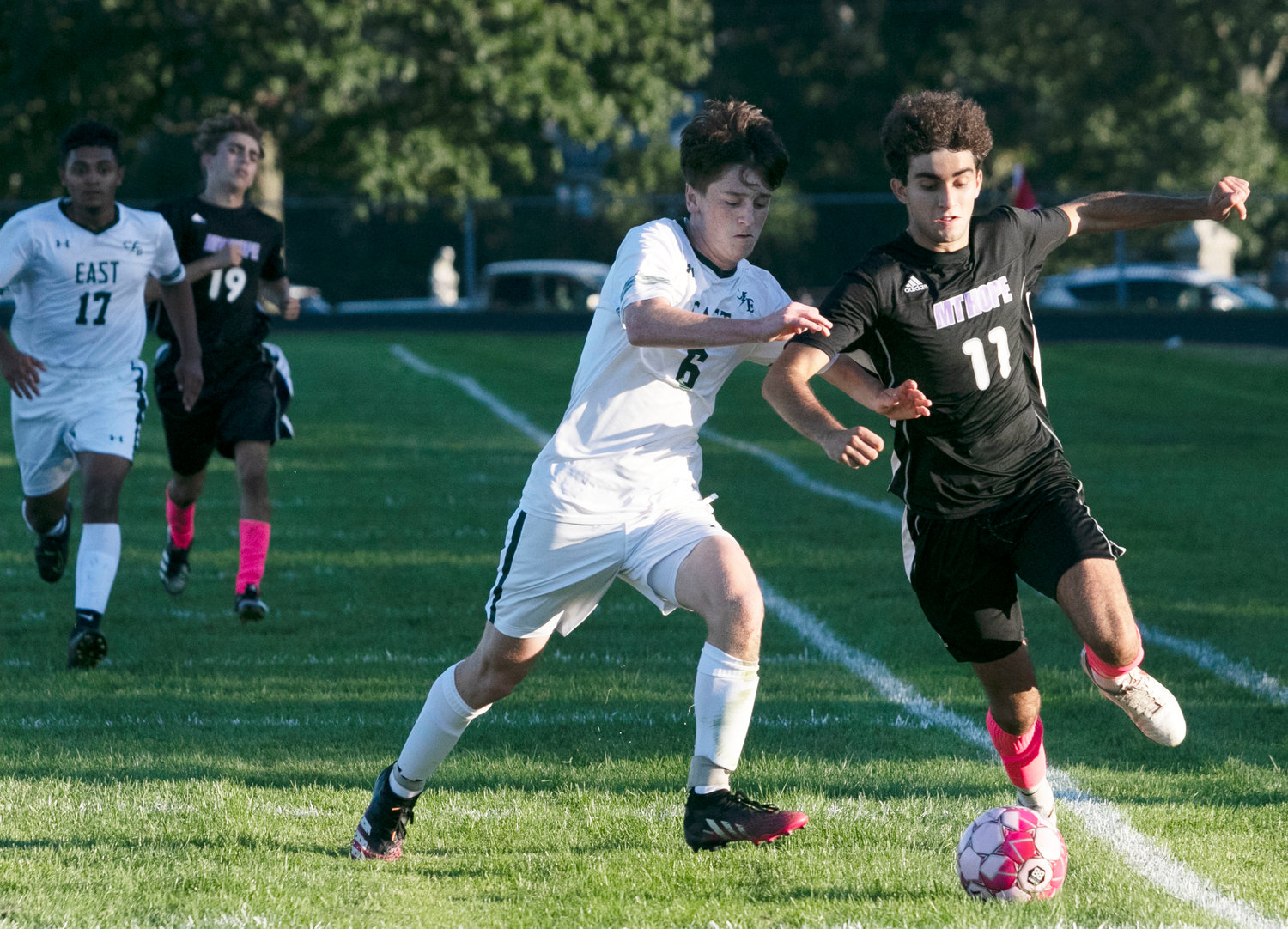 Senior striker Noah Furtado dribbles the ball up the side line during their game against Cranston East at Vendituoli Field on Friday night. Furtado is second in Division II in scoring and the team’s scoring leader with 9 goals, 4 assists for 22 points.