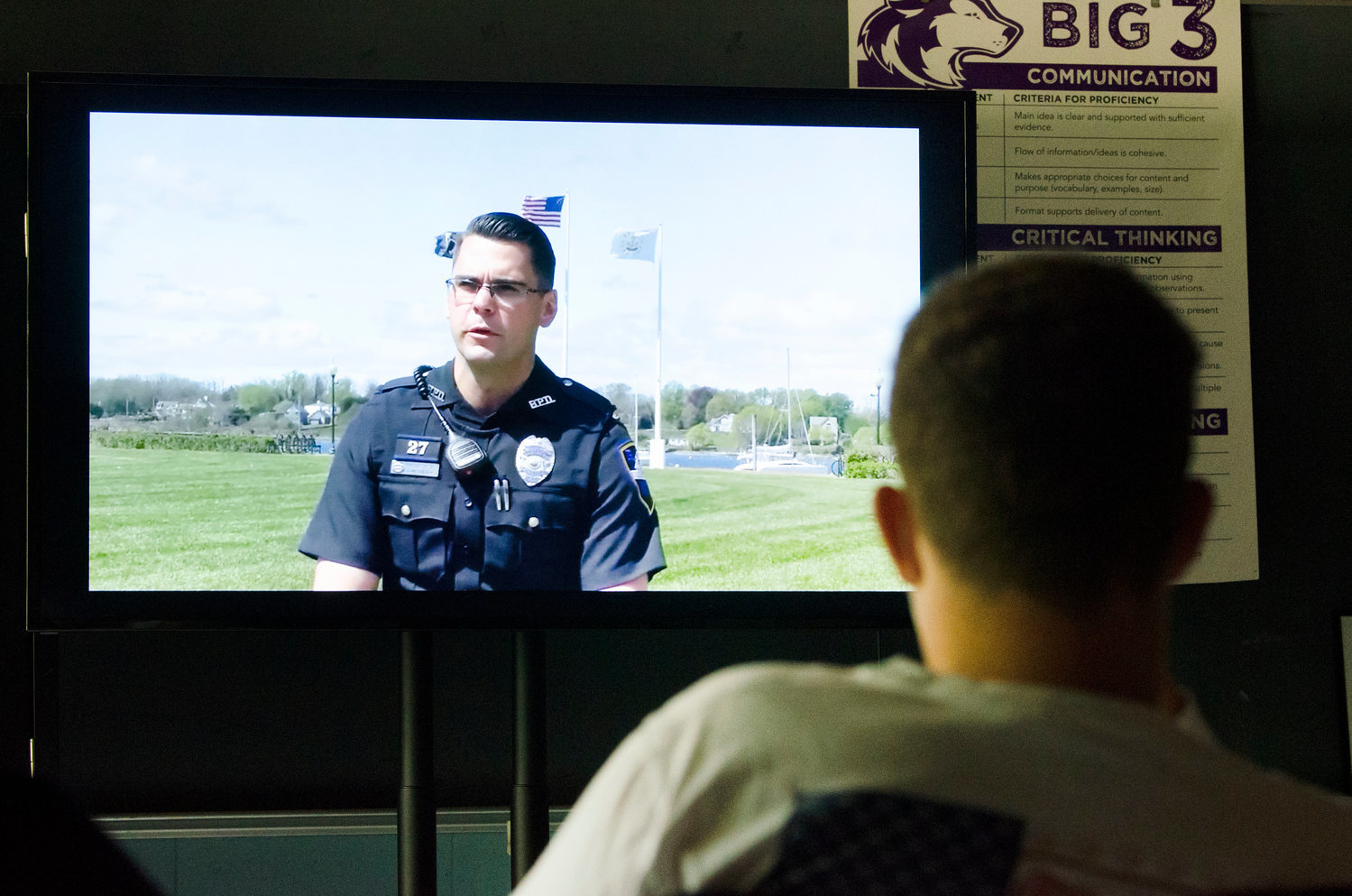 Mt. Hope students watch the world premiere of their Bristol Police Department recruitment video in the spring of 2021. The video was featured throughout the department's recruitment campaign, including at a Bristol Police table during the Bristol Fourth of July concert series.