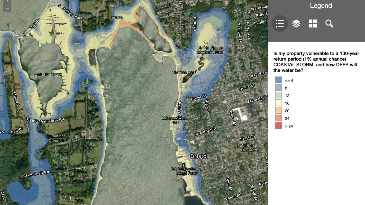 Rhode Island STORMTOOLS data shows how a 100-year storm event would impact downtown Bristol. The map data shows that areas such as Independence Park, Colt State Park and large swaths of Thames Street and the Poppasquash peninsula that would be underwater by anywhere from four to 16 feet.