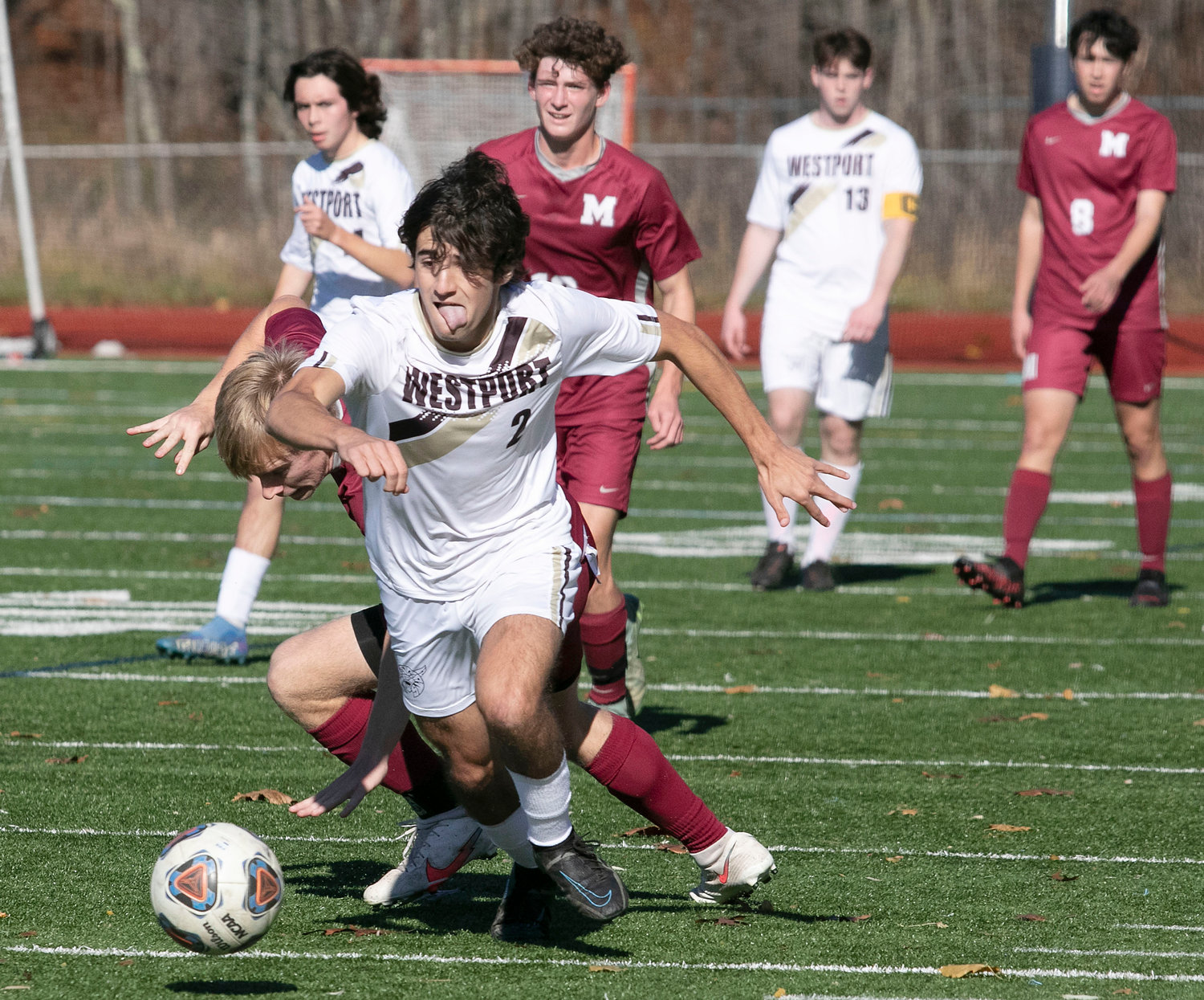 Hunter Brodeur beats a Millis defender and heads upfield with the ball.