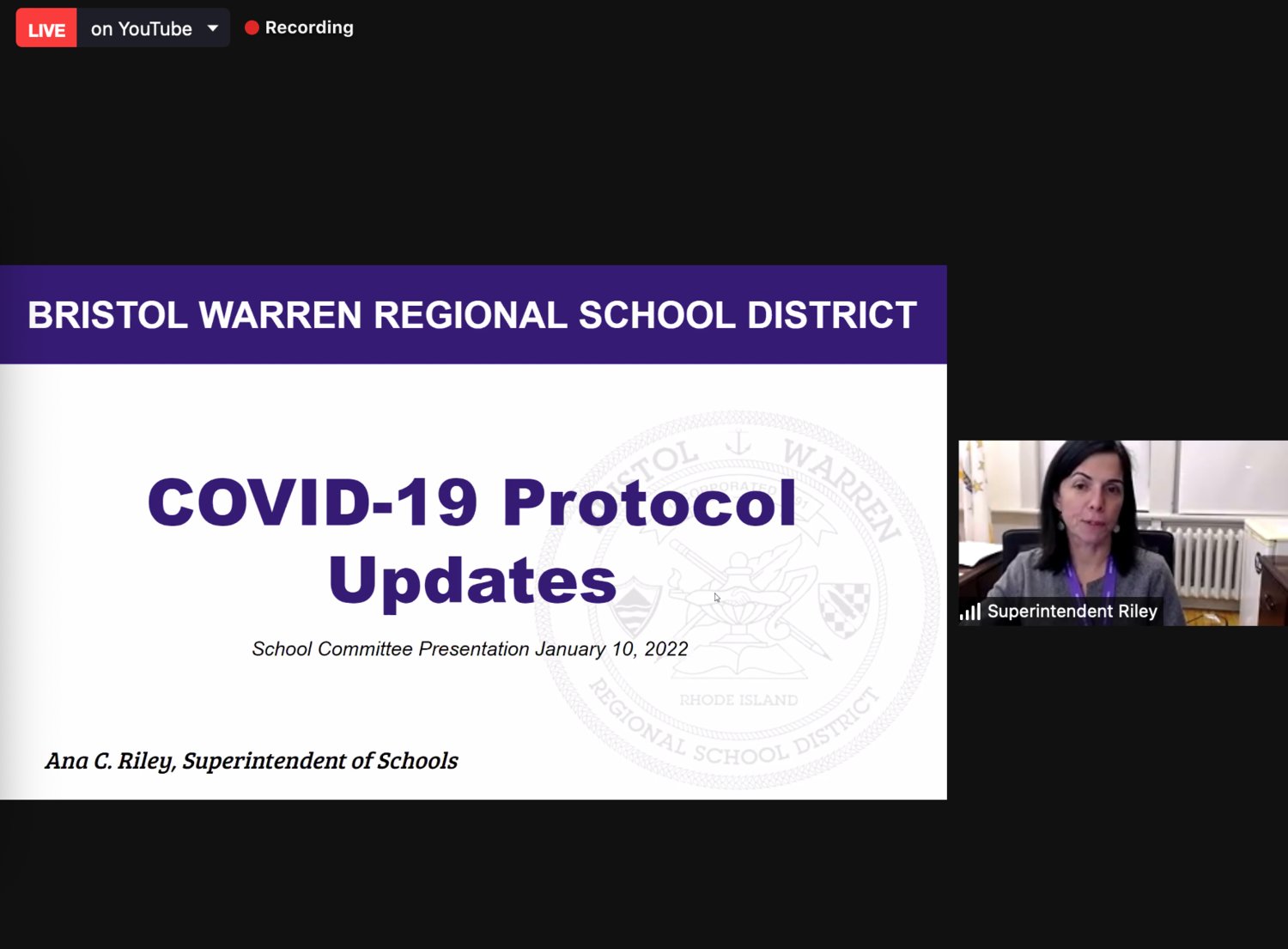Superintendent Ana Riley presents during the virtual meeting of the Bristol Warren School Committee meeting, held on Monday, Jan. 10.
