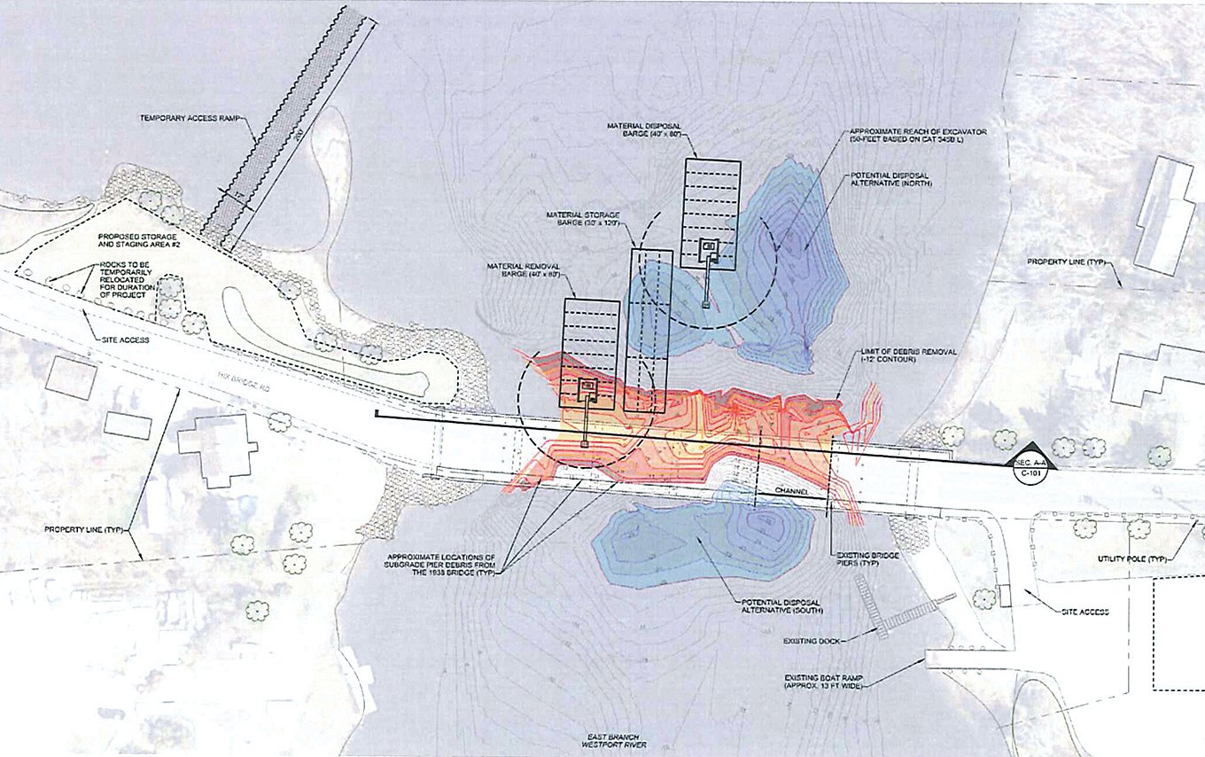 This Army Corps of Engineers drawing shows the location of bridge debris in red, and two possible dumping sites in blue.
