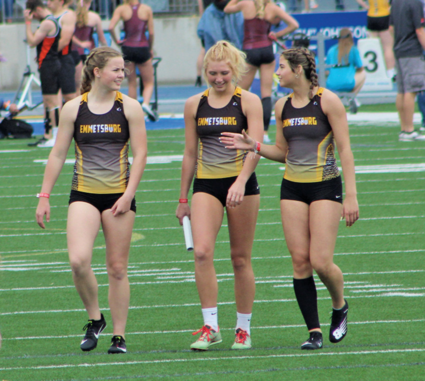 2021 STATE TRACK -- The 2021 State Track &amp; Field Championships were held Thursday through Saturday at Drake Stadium in Des Moines. Area schools would send multiple events to the Blue Oval, with Emmetsburg earning nine bids. Above (from left), Abbie Schany, Taylor Steinkamp, and Delaney Joyce in Des Moines. Results coming Thursday.