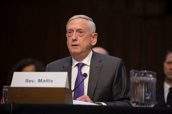 Former U.S. Secretary of Defense Jim Mattis testifies on the fiscal year 2019 budget at the Senate Armed Services Committee on Capitol Hill April 26, 2018, in Washington, D.C.&nbsp;