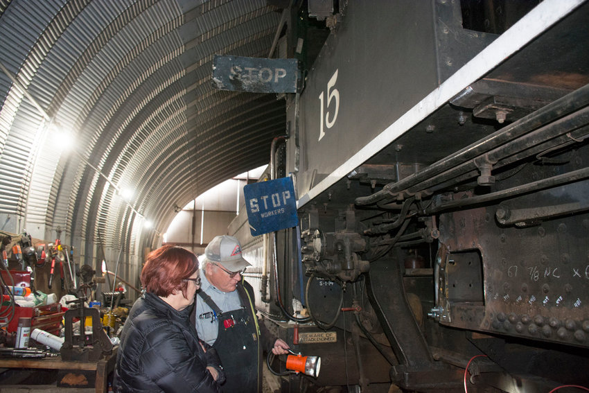 Mary Kay Nelson and Bill Deutscher with Chehalis-Centralia Railroad &amp;amp; Museum explain the repairs that must be done to Locomotive No. 15 in November 2019.