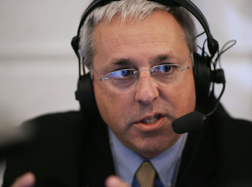Marc Bernier of station WNDB of Orlando, Florida speaks to White House Deputy Chief of Staff Karl Rove during a radio interview October 24, 2006 at an event for radio talk shows at the White House in Washington, D.C. (Mandel Ngan/AFP/Getty Images/TNS)