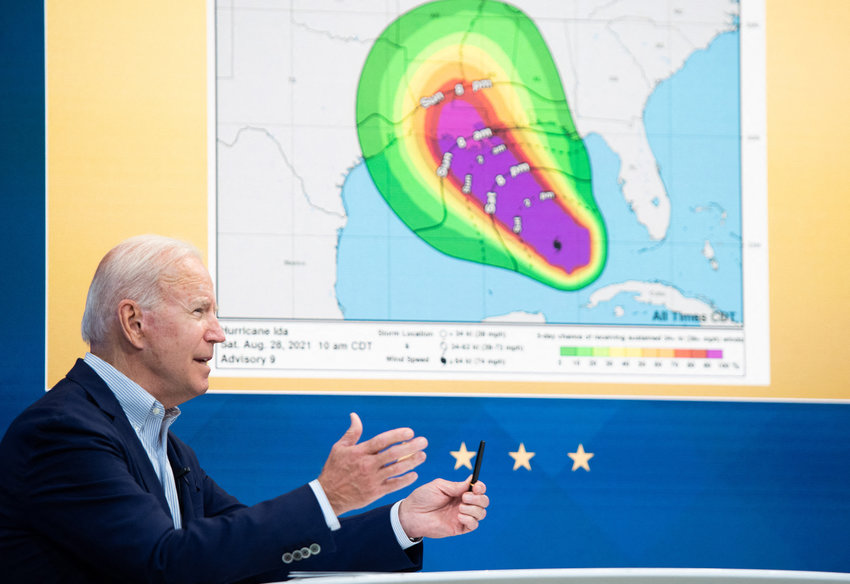 President Joe Biden speaks during a virtual briefing by Federal Emergency Management Agency officials on preparations for Hurricane Ida, in the South Court auditorium of the White House in Washington, D.C., on Saturday, Aug. 28, 2021. (Saul Loeb/AFP/Getty Images/TNS)