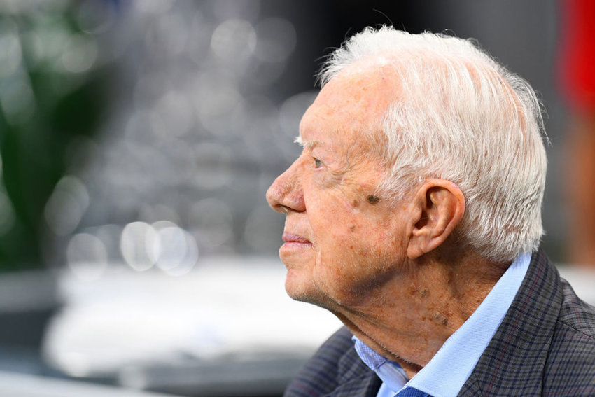 Former president Jimmy Carter prior to the game between the Atlanta Falcons and the Cincinnati Bengals at Mercedes-Benz Stadium in Atlanta on September 30, 2018. (Photo by Scott Cunningham/Getty Images/TNS)