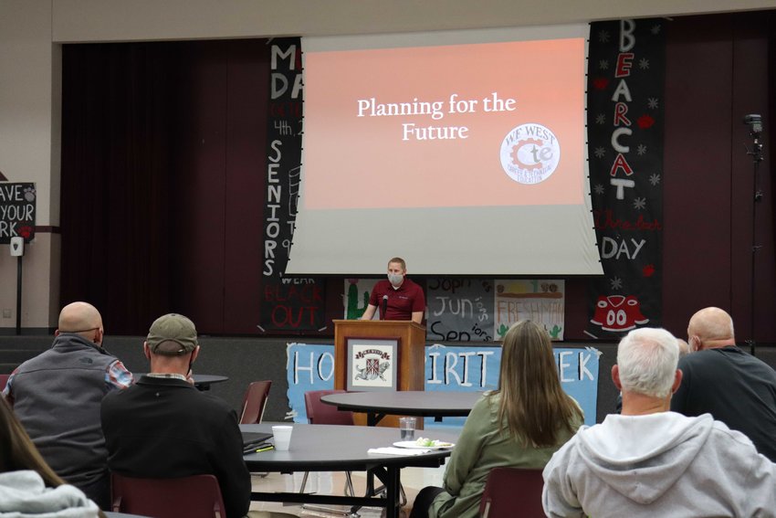 Chehalis School District CTE Program Director Rick Goble presents to a group of teachers, district administration, community leaders and local industry professionals at the district&rsquo;s CTE kickoff event at W.F. West on Wednesday.