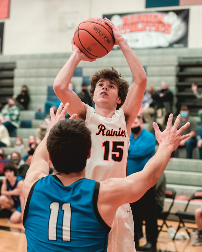 Rainier&rsquo;s Jake Meldrum (15) looks to shoot during a game against Toutle Thursday night.