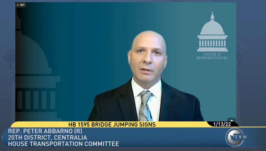 Rep. Peter Abbarno, of the 20th District, speaks about House Bill 1595 which would install signs on bridges and water overpasses to educate people about the danger of cold-shock drownings.