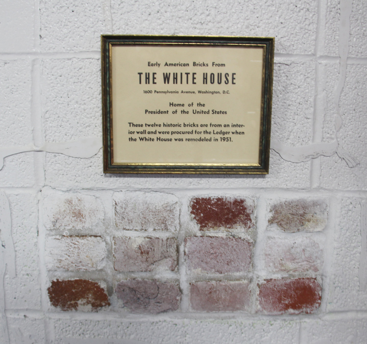 One of the most unique features of the building perseveres as a testament to the building’s rich history. Incorporated into its structure, these bricks were originally part of The White House - yes, THE White House - in Washington D.C.